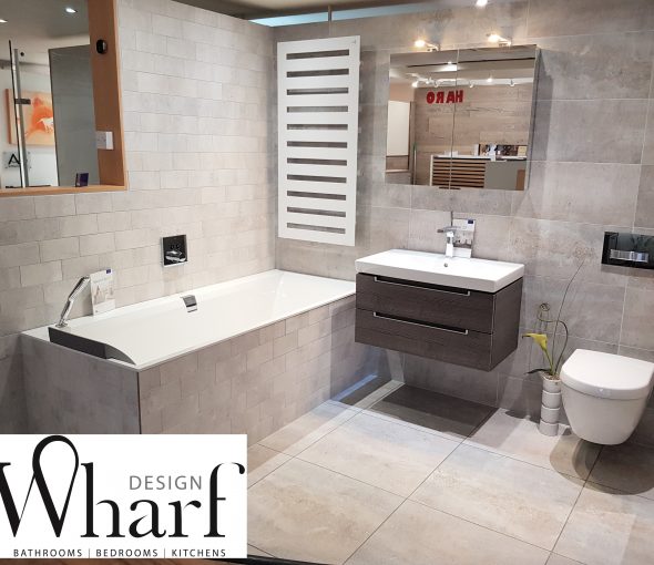 Wharf Design Displays - Bay 34 Villeroy & Boch Subway 2.0 with V&B Squaro Edge Bath Keuco Cabinet Zehnder Radiator Hansgrohe Brassware V&B Cadiz Tiles