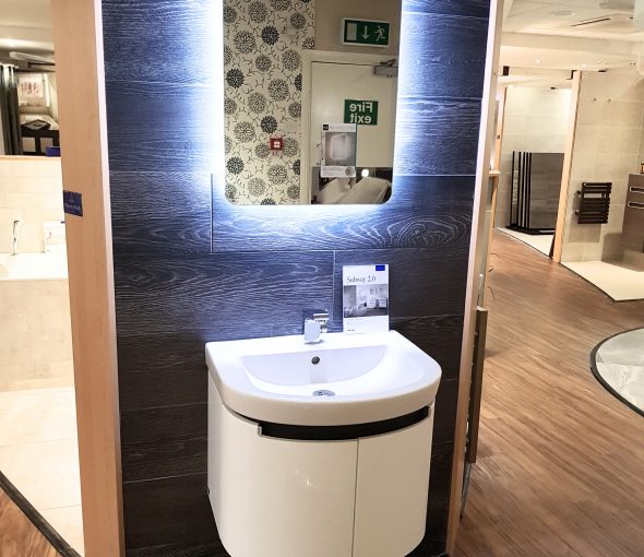 Wharf Design Displays - Bay 35 Villeroy & Boch Subway 2.0 Basin and Unit Keuco Tap Villeroy & Boch Halston Tiles HIB Mirror